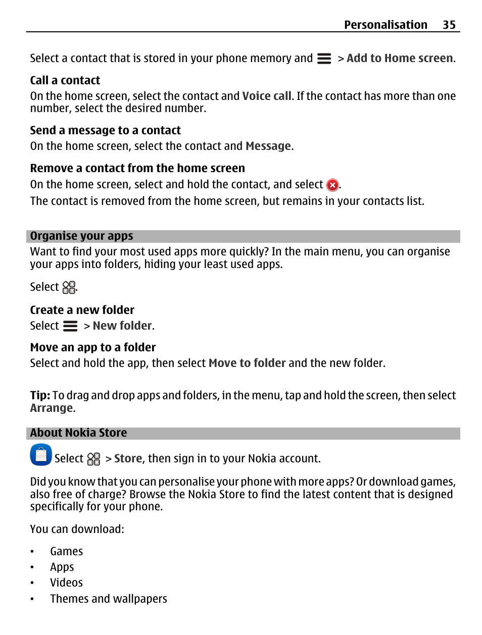 Organise your apps, About nokia store | Nokia N8-00 User Manual | Page 35 / 145