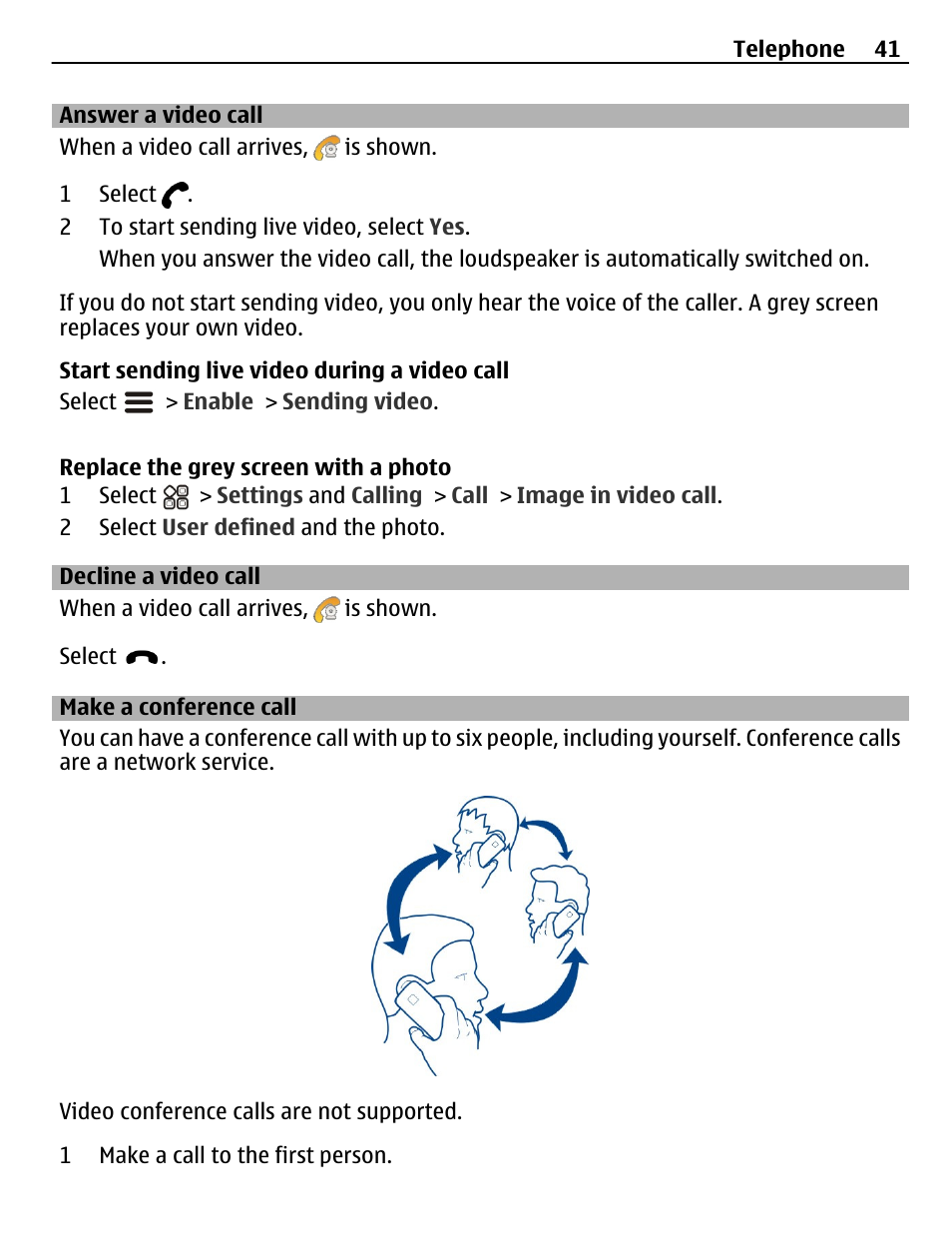 Answer a video call, Decline a video call, Make a conference call | Nokia N8-00 User Manual | Page 41 / 145