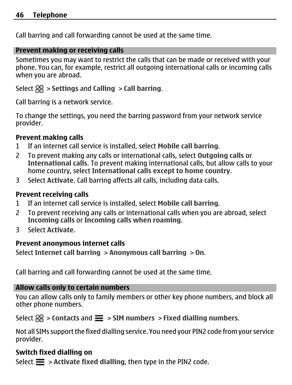 Prevent making or receiving calls, Allow calls only to certain numbers | Nokia N8-00 User Manual | Page 46 / 145