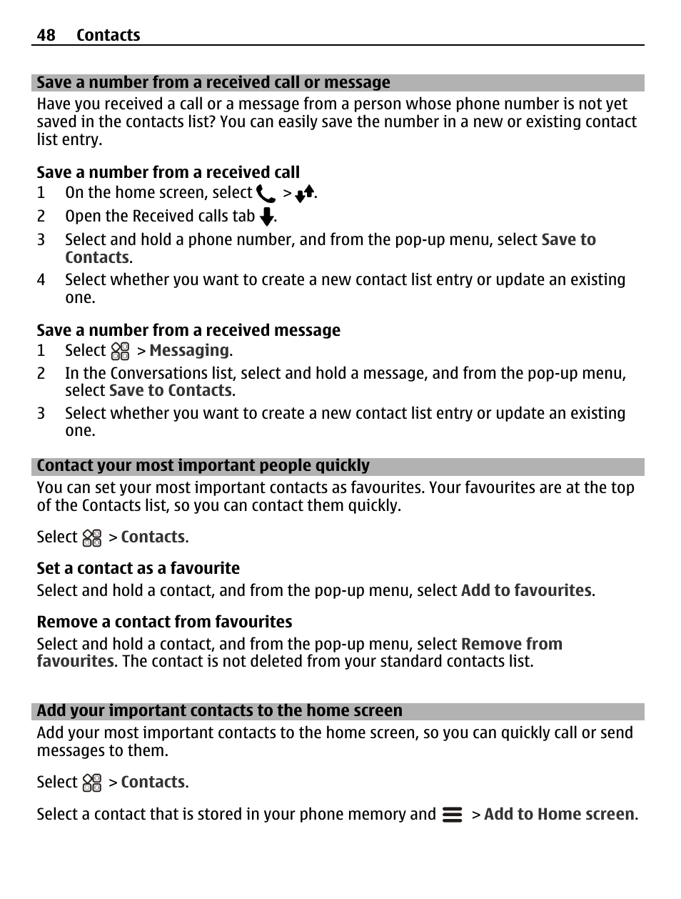 Save a number from a received call or message, Contact your most important people quickly, Add your important contacts to the home screen | Save a number from a received call or, Message, Contact your most important people, Quickly, Add your important contacts to the, Home screen | Nokia N8-00 User Manual | Page 48 / 145
