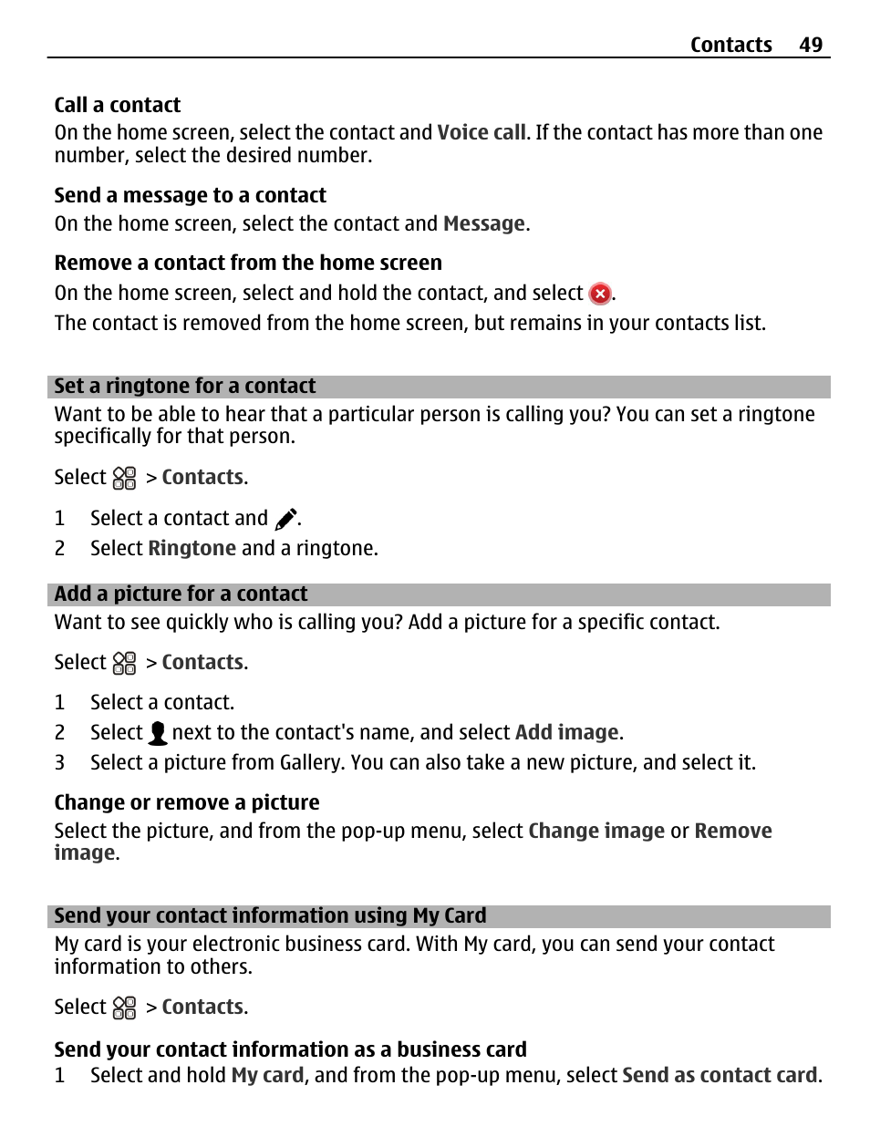 Set a ringtone for a contact, Add a picture for a contact, Send your contact information using my card | Send your contact information using, My card | Nokia N8-00 User Manual | Page 49 / 145