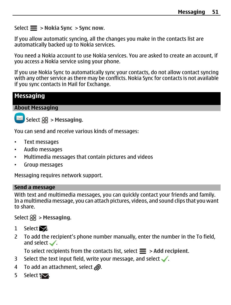 Messaging, About messaging, Send a message | Nokia N8-00 User Manual | Page 51 / 145