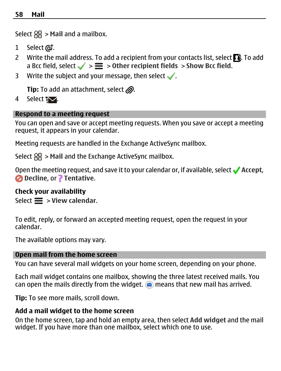 Respond to a meeting request, Open mail from the home screen | Nokia N8-00 User Manual | Page 58 / 145