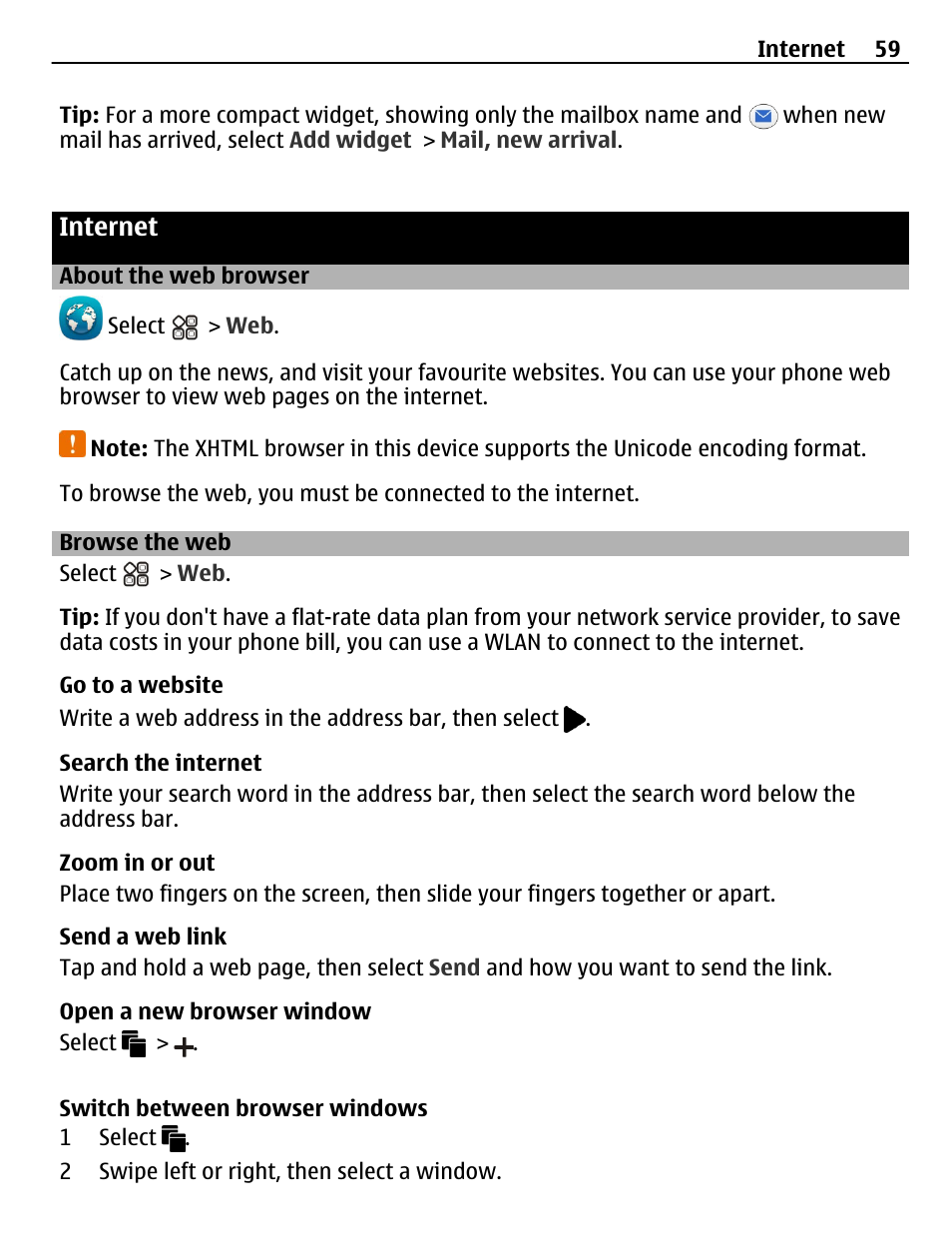 Internet, About the web browser, Browse the web | Nokia N8-00 User Manual | Page 59 / 145