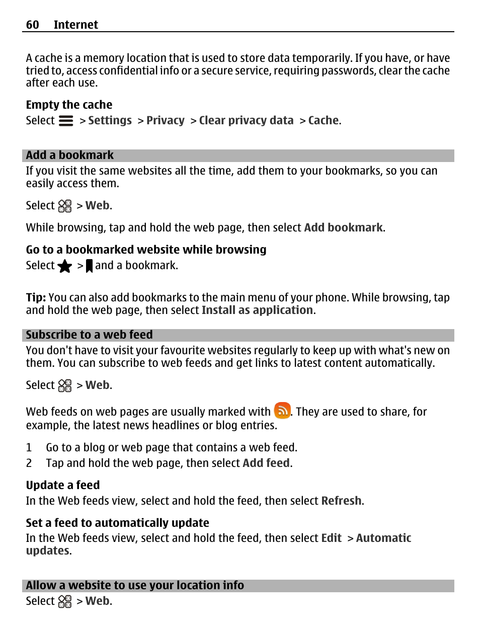 Add a bookmark, Subscribe to a web feed, Allow a website to use your location info | Allow a website to use your location, Info | Nokia N8-00 User Manual | Page 60 / 145