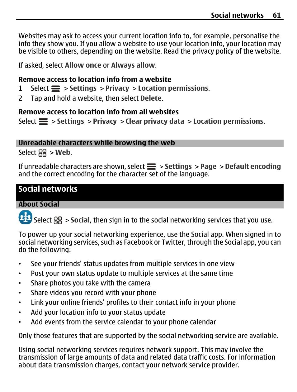 Unreadable characters while browsing the web, Social networks, About social | Unreadable characters while browsing, The web | Nokia N8-00 User Manual | Page 61 / 145