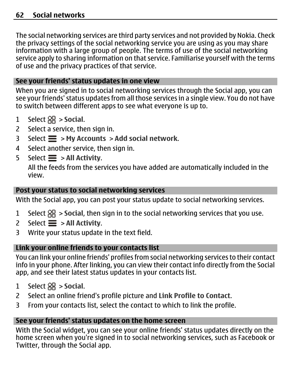 See your friends' status updates in one view, Post your status to social networking services, Link your online friends to your contacts list | See your friends' status updates in one, View, Post your status to social networking, Services, Link your online friends to your, Contacts list, See your friends' status updates on the | Nokia N8-00 User Manual | Page 62 / 145