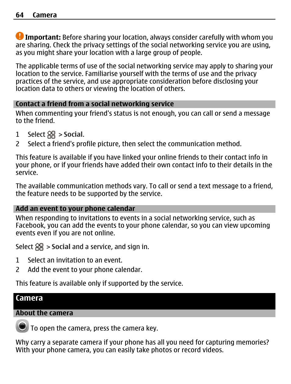 Contact a friend from a social networking service, Add an event to your phone calendar, Camera | About the camera, Contact a friend from a social, Networking service, Add an event to your phone calendar 64 | Nokia N8-00 User Manual | Page 64 / 145