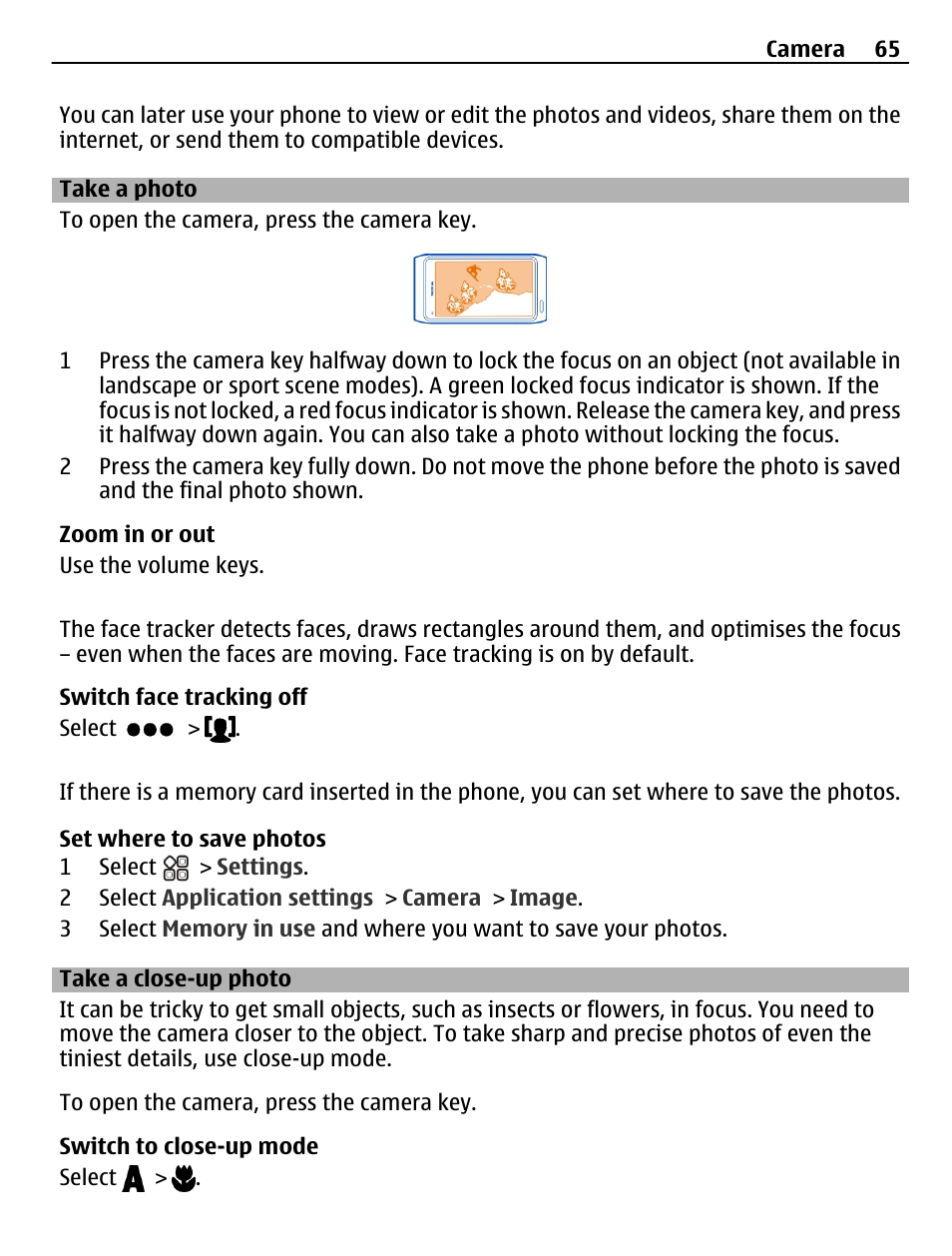 Take a photo, Take a close-up photo | Nokia N8-00 User Manual | Page 65 / 145