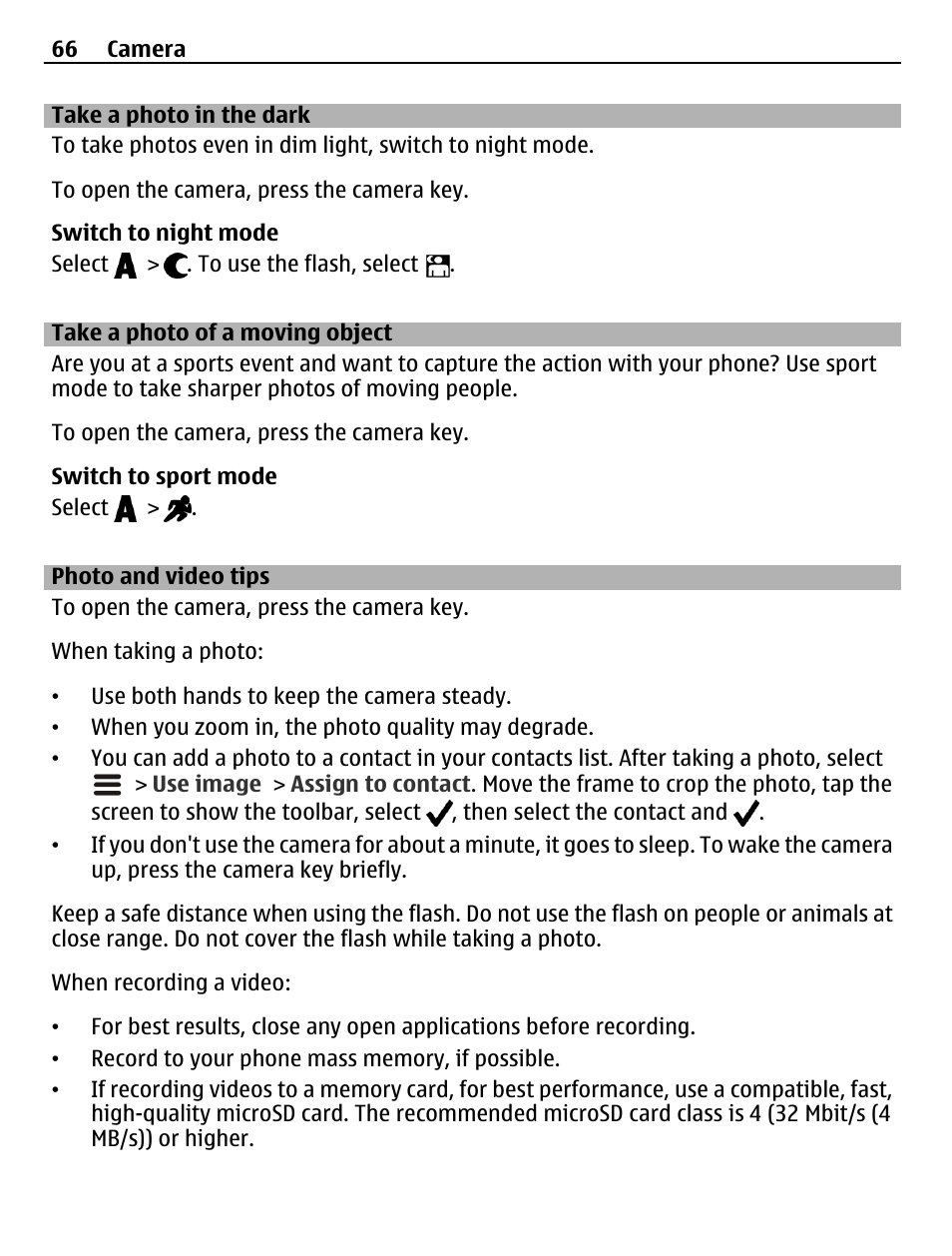 Take a photo in the dark, Take a photo of a moving object, Photo and video tips | Nokia N8-00 User Manual | Page 66 / 145