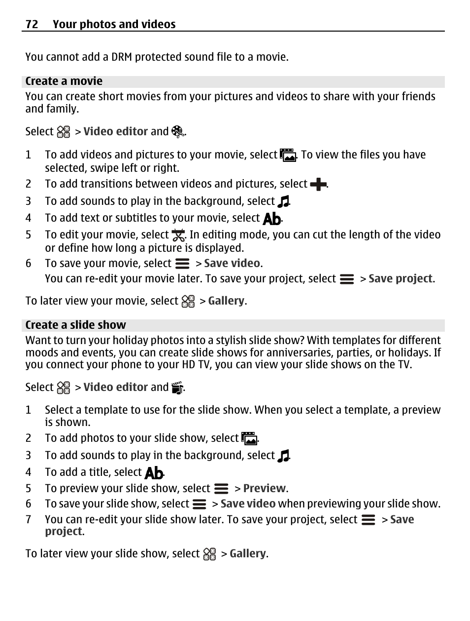 Create a movie, Create a slide show | Nokia N8-00 User Manual | Page 72 / 145