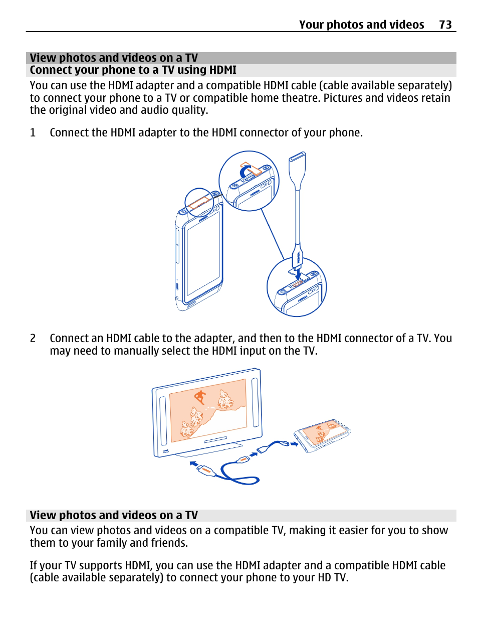 View photos and videos on a tv, Connect your phone to a tv using hdmi | Nokia N8-00 User Manual | Page 73 / 145