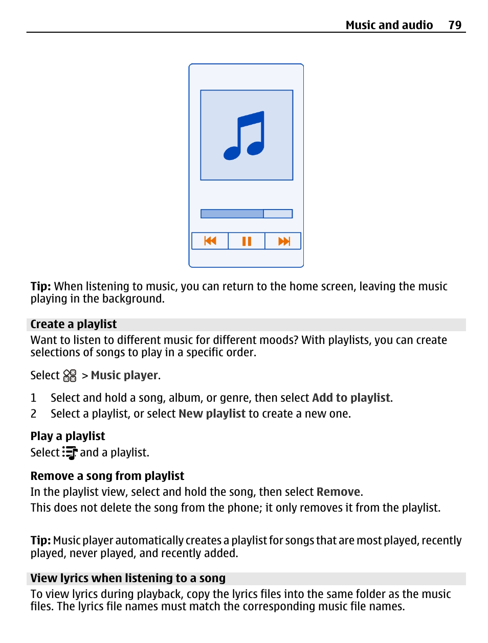 Create a playlist, View lyrics when listening to a song | Nokia N8-00 User Manual | Page 79 / 145