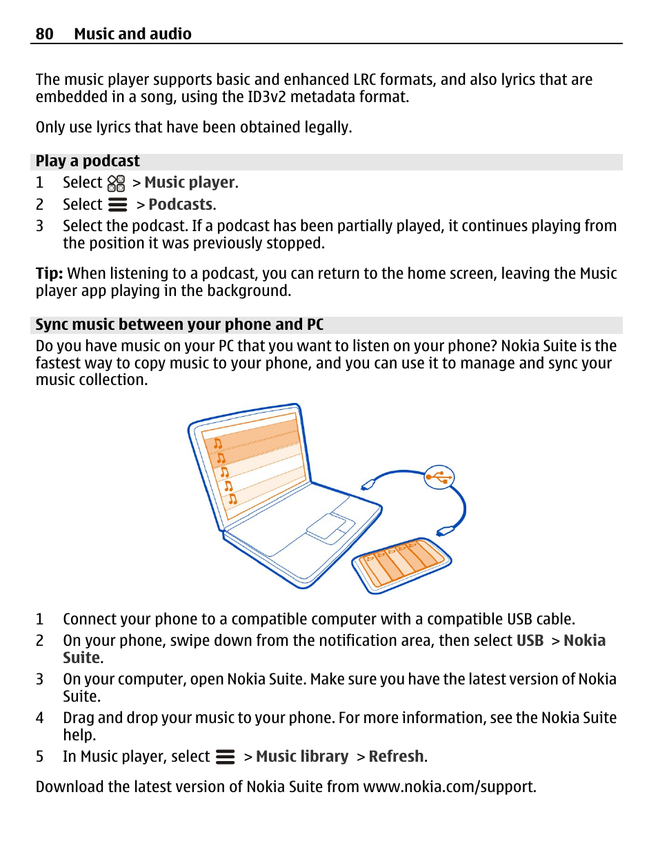 Play a podcast, Sync music between your phone and pc | Nokia N8-00 User Manual | Page 80 / 145