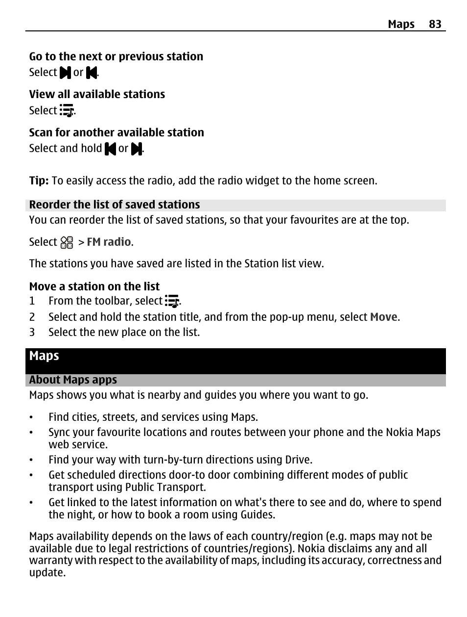 Reorder the list of saved stations, Maps, About maps apps | Nokia N8-00 User Manual | Page 83 / 145