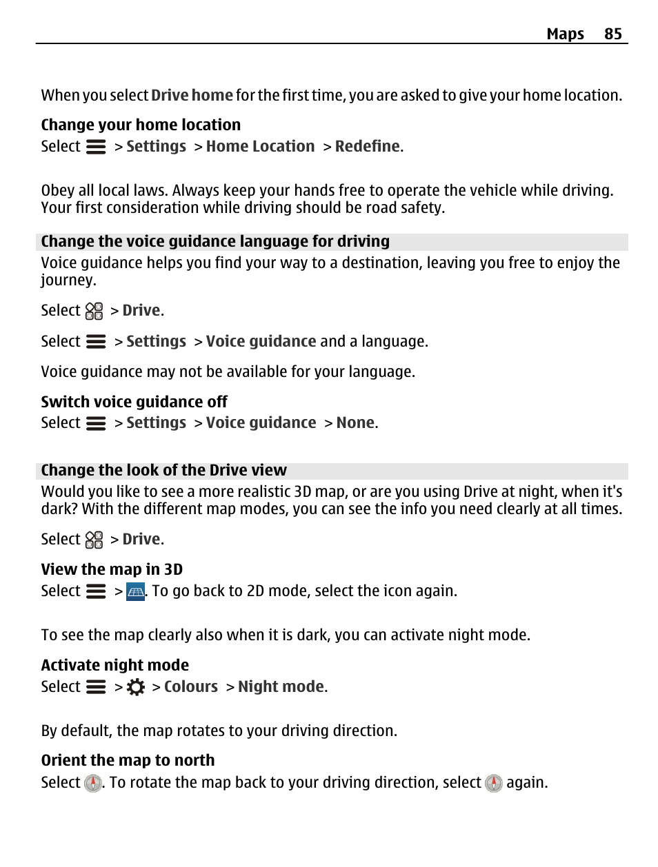 Change the voice guidance language for driving, Change the look of the drive view | Nokia N8-00 User Manual | Page 85 / 145
