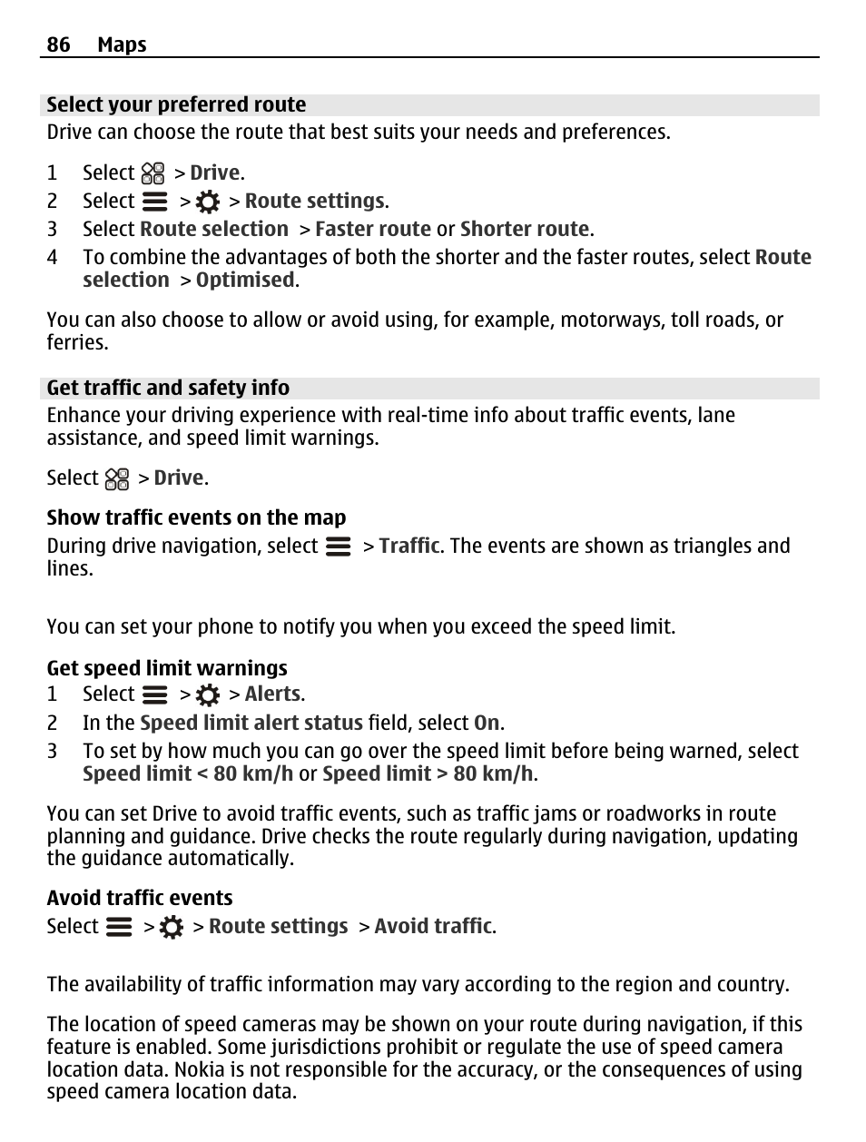 Select your preferred route, Get traffic and safety info | Nokia N8-00 User Manual | Page 86 / 145
