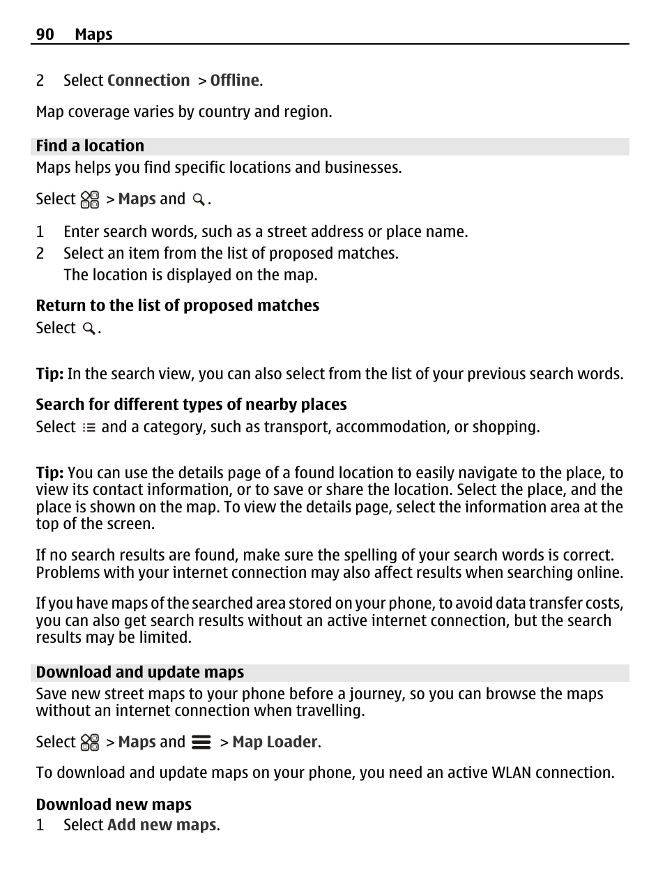 Find a location, Download and update maps | Nokia N8-00 User Manual | Page 90 / 145