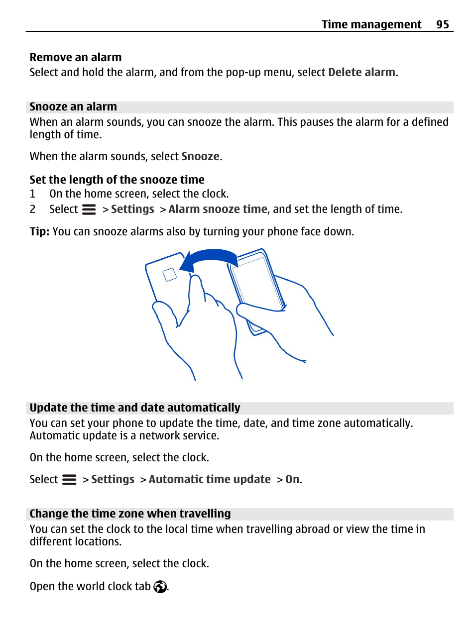 Snooze an alarm, Update the time and date automatically, Change the time zone when travelling | Nokia N8-00 User Manual | Page 95 / 145