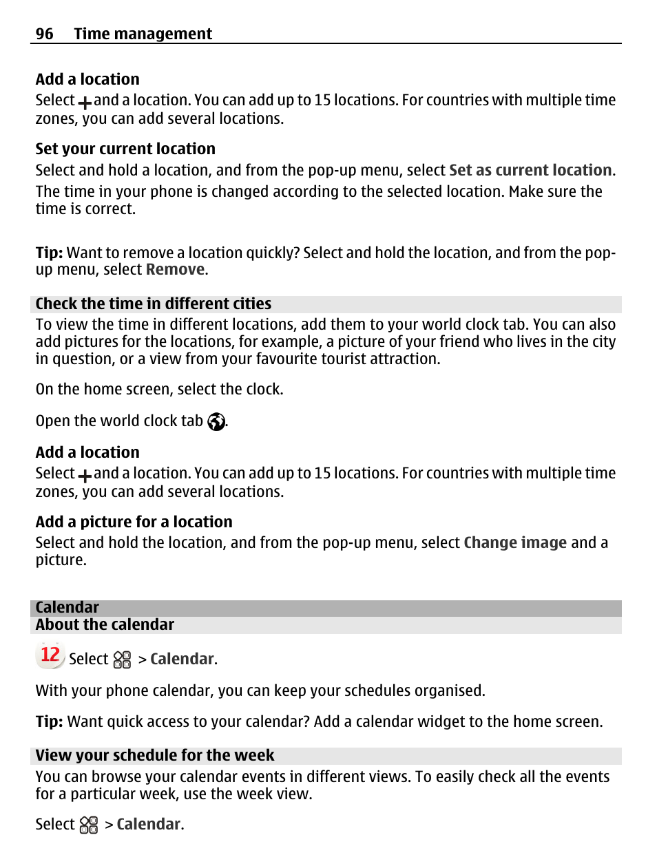 Check the time in different cities, Calendar, About the calendar | View your schedule for the week | Nokia N8-00 User Manual | Page 96 / 145