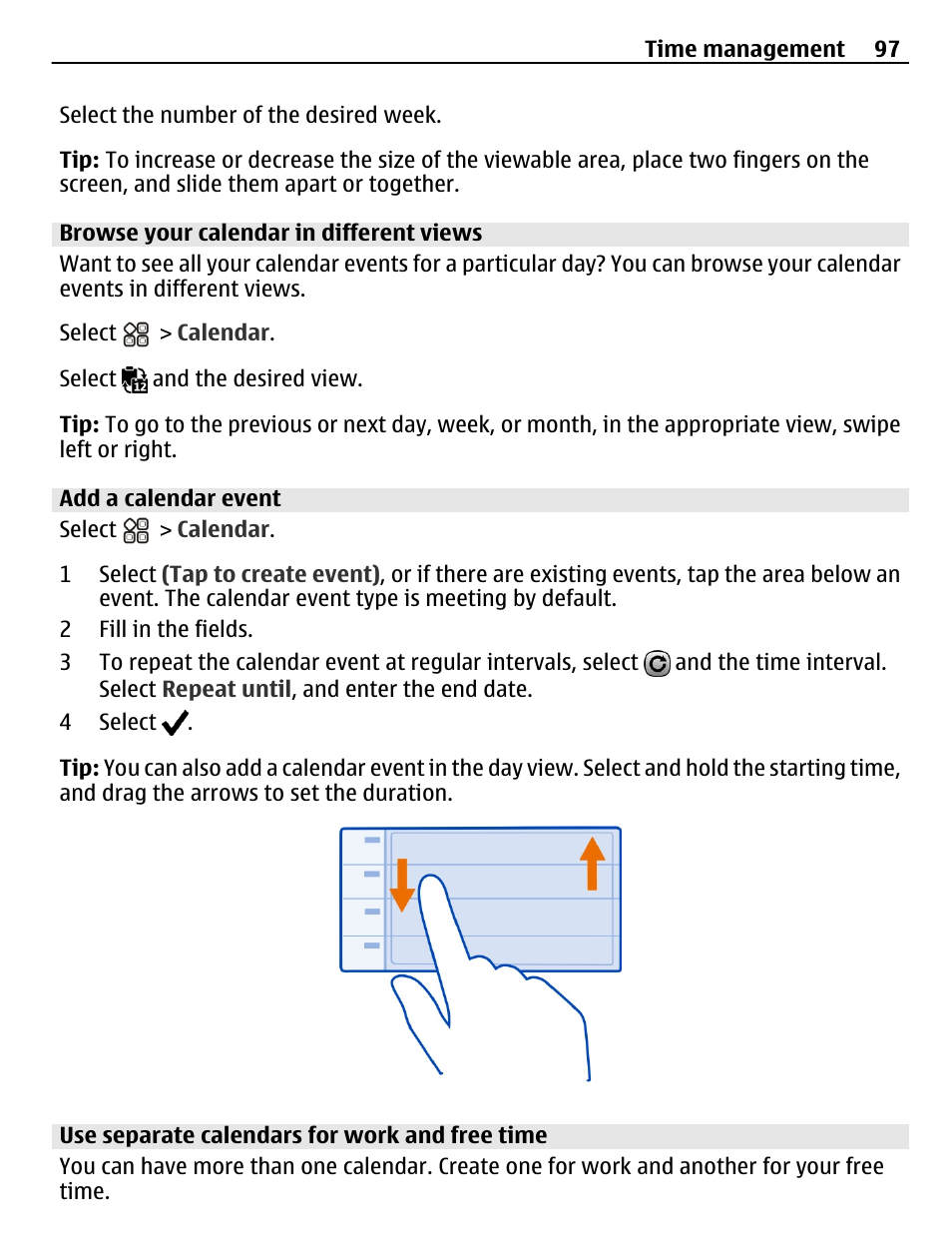 Browse your calendar in different views, Add a calendar event, Use separate calendars for work and free time | Nokia N8-00 User Manual | Page 97 / 145