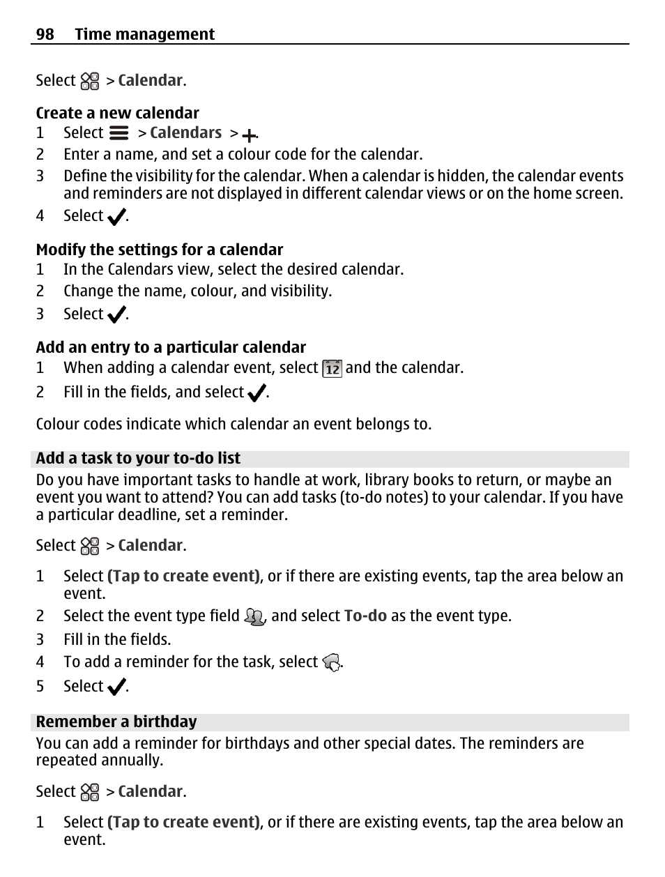 Add a task to your to-do list, Remember a birthday | Nokia N8-00 User Manual | Page 98 / 145