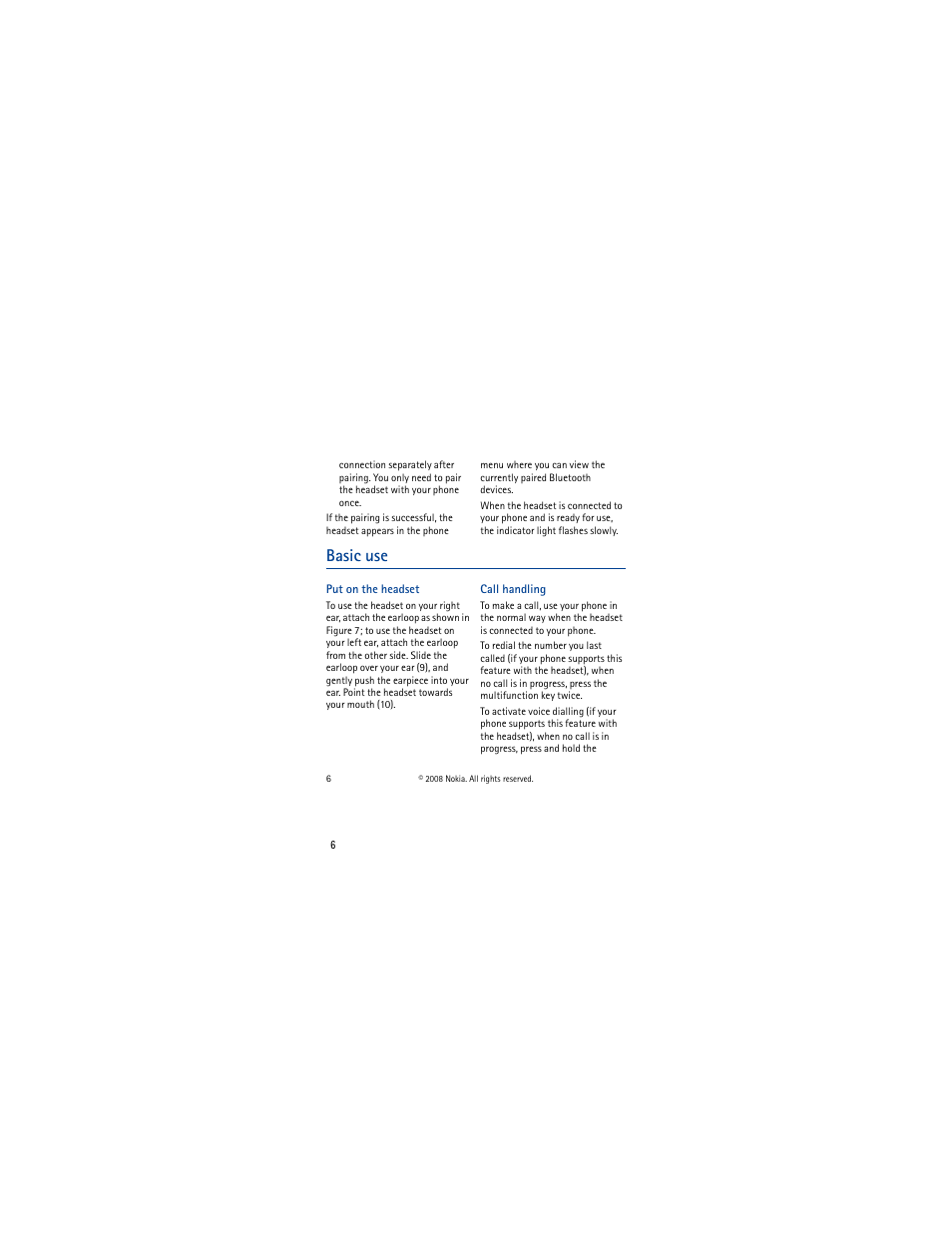 Basic use, Put on the headset, Call handling | Nokia BH-102 User Manual | Page 6 / 9