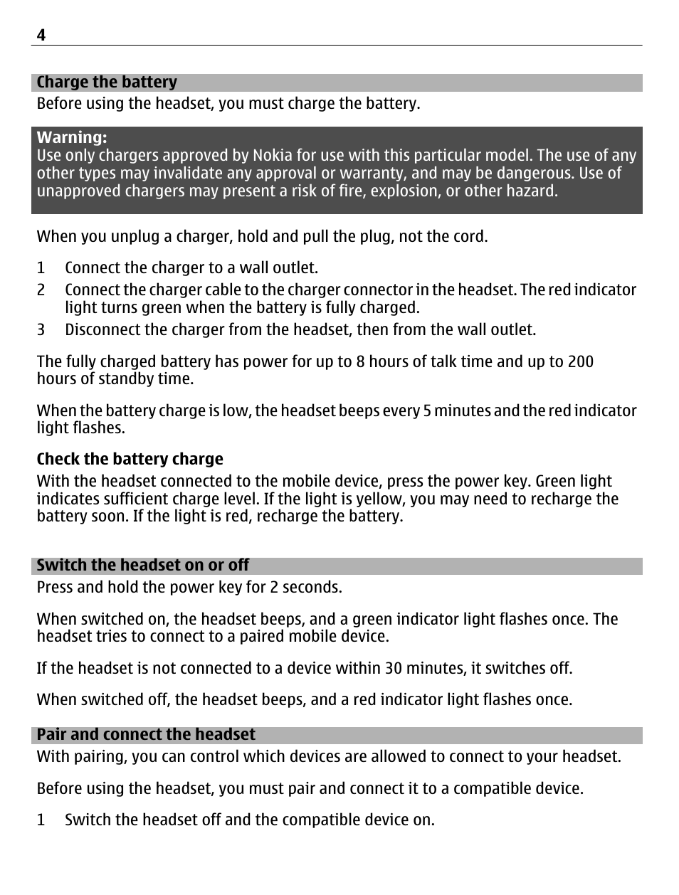 Charge the battery, Switch the headset on or off, Pair and connect the headset | Nokia BH-109 User Manual | Page 4 / 10