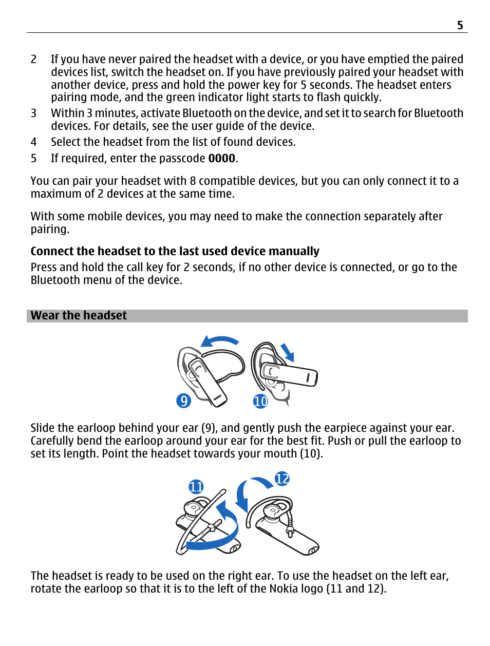 Wear the headset | Nokia BH-109 User Manual | Page 5 / 10