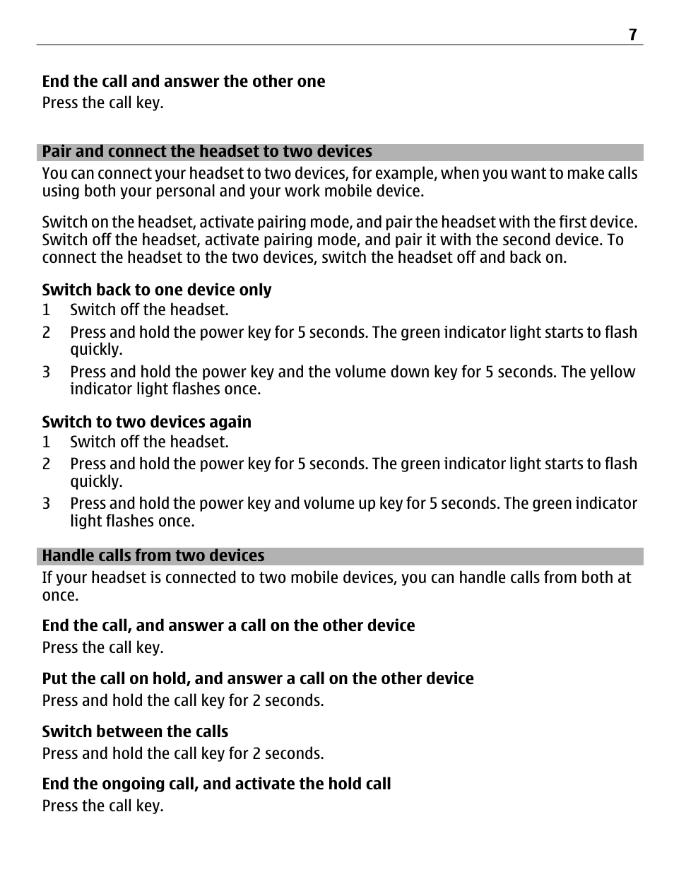 Pair and connect the headset to two devices, Handle calls from two devices | Nokia BH-109 User Manual | Page 7 / 10