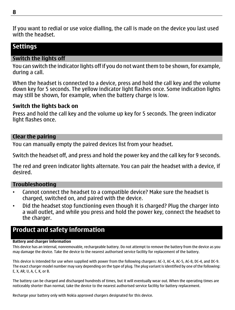 Settings, Switch the lights off, Clear the pairing | Troubleshooting, Product and safety information, Battery and charger information | Nokia BH-109 User Manual | Page 8 / 10