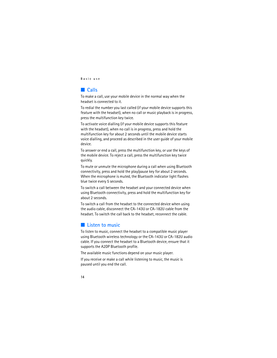 Calls, Listen to music, Calls listen to music | Nokia BH-905I User Manual | Page 14 / 19