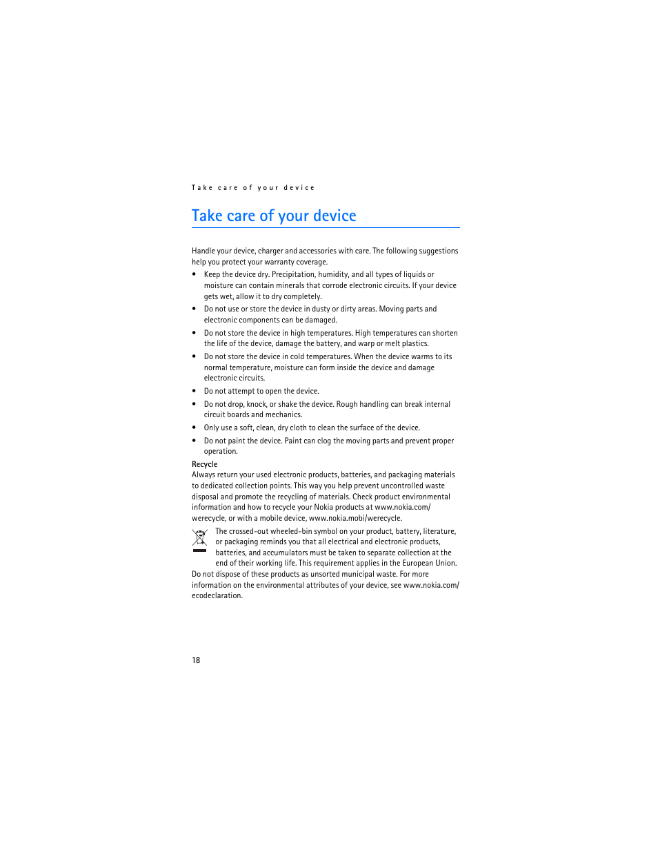 Take care of your device | Nokia BH-905I User Manual | Page 18 / 19
