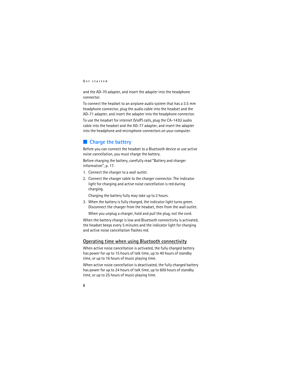Charge the battery, Operating time when using bluetooth connectivity | Nokia BH-905I User Manual | Page 8 / 19
