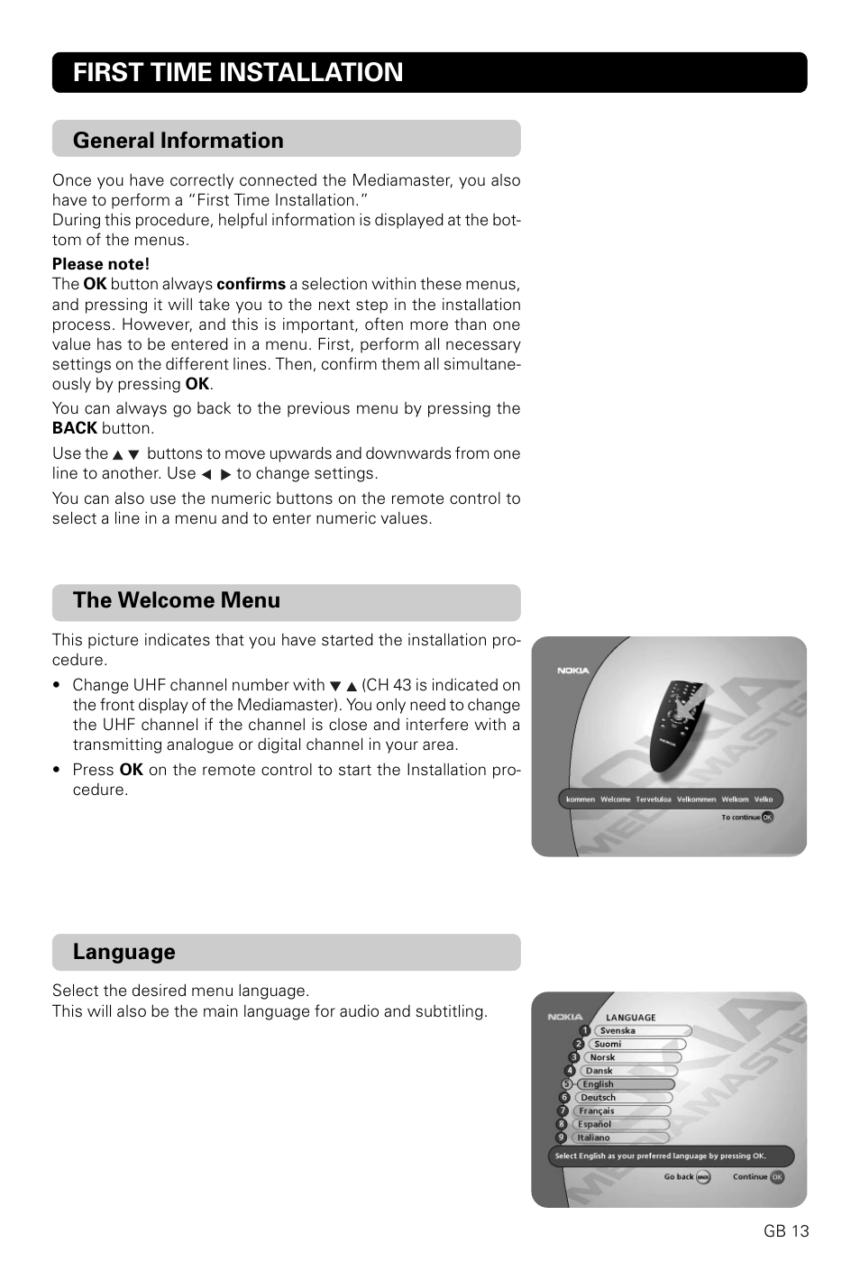 First time installation, Language, General information | The welcome menu | Nokia 9820 T User Manual | Page 12 / 33