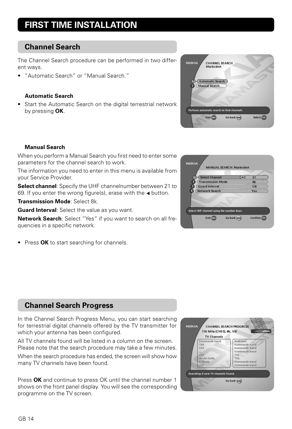 First time installation, Channel search, Channel search progress | Nokia 9820 T User Manual | Page 13 / 33