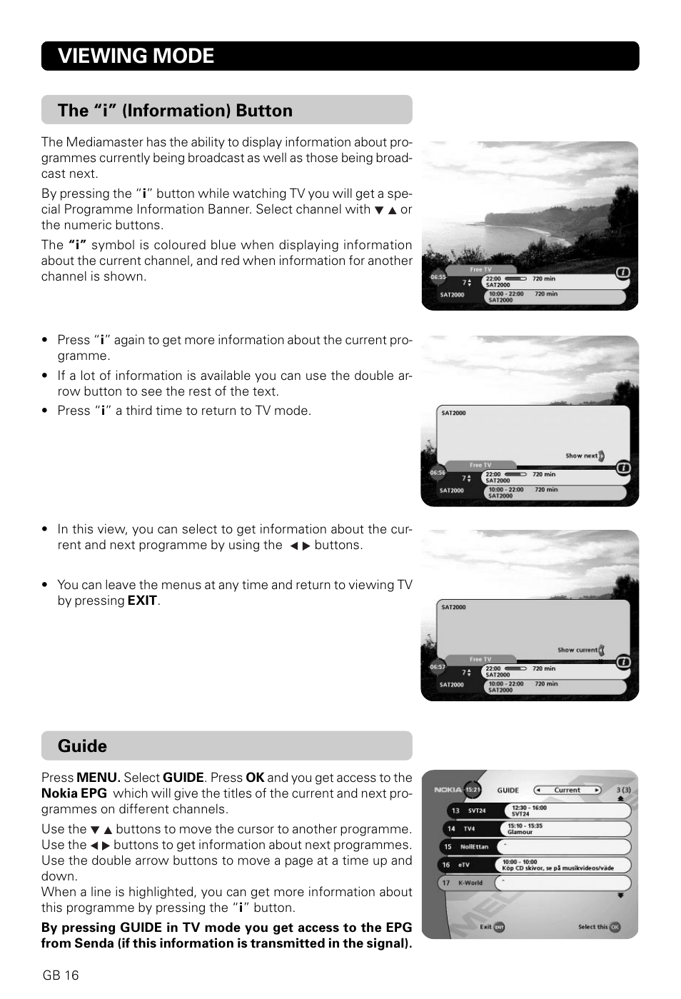 Viewing mode, The “i” (information) button, Guide | Nokia 9820 T User Manual | Page 15 / 33