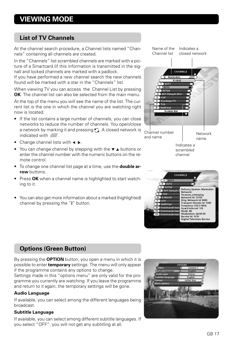 Viewing mode, List of tv channels, Options (green button) | Nokia 9820 T User Manual | Page 16 / 33