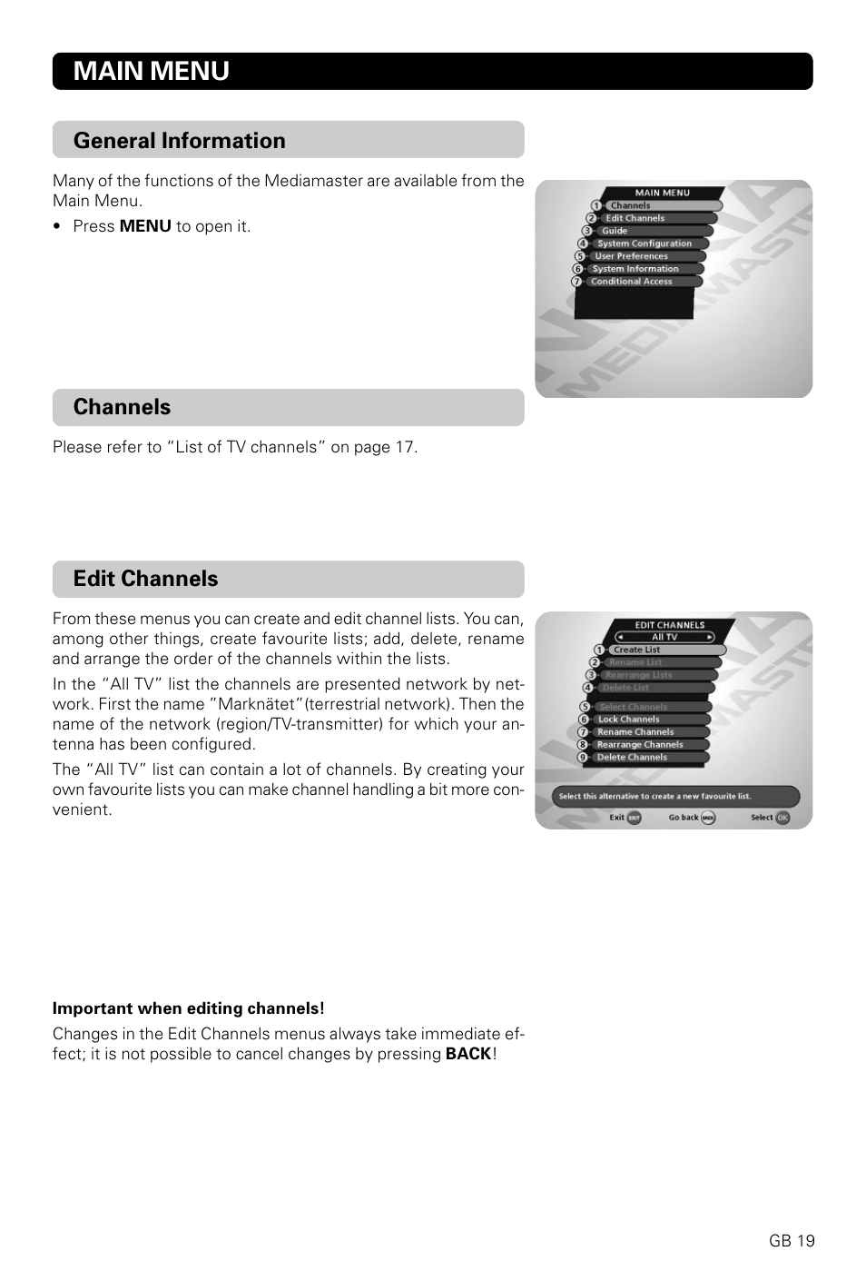 Main menu, General information, Channels | Edit channels | Nokia 9820 T User Manual | Page 18 / 33