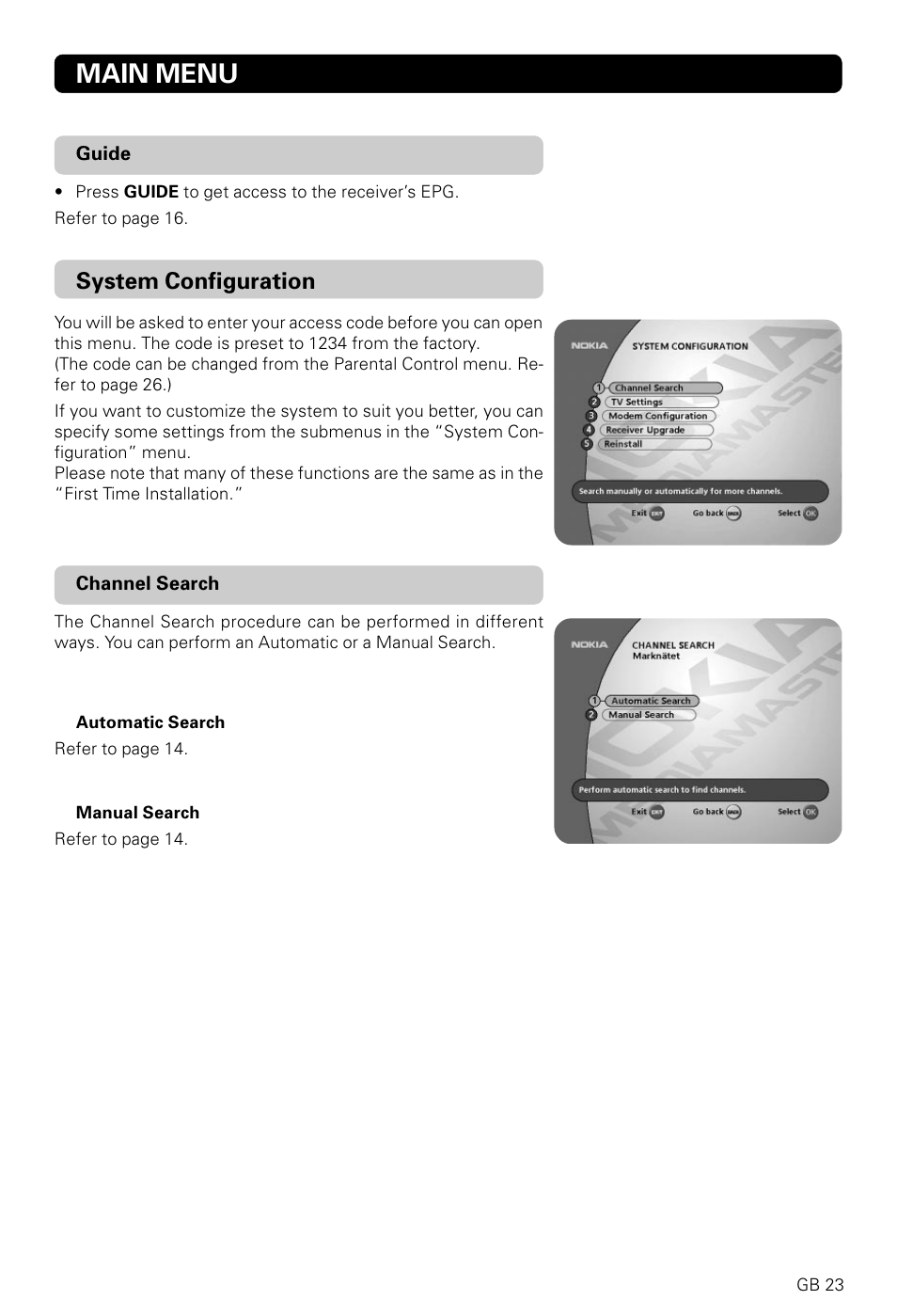 Main menu, System configuration | Nokia 9820 T User Manual | Page 22 / 33