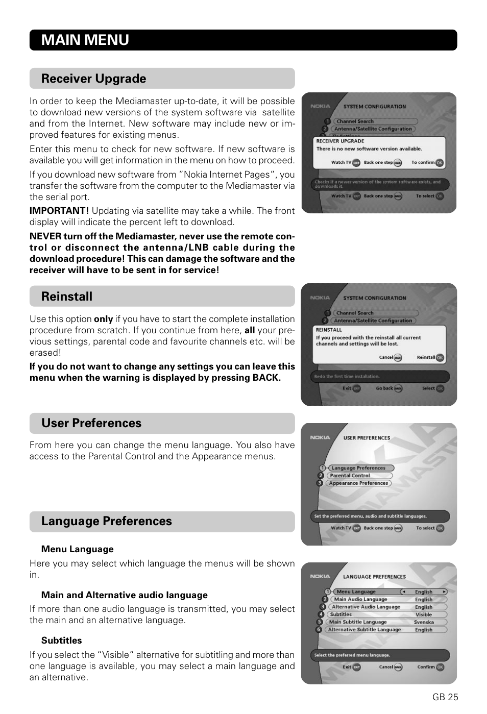 Main menu, Receiver upgrade, Reinstall | User preferences, Language preferences | Nokia 9820 T User Manual | Page 24 / 33