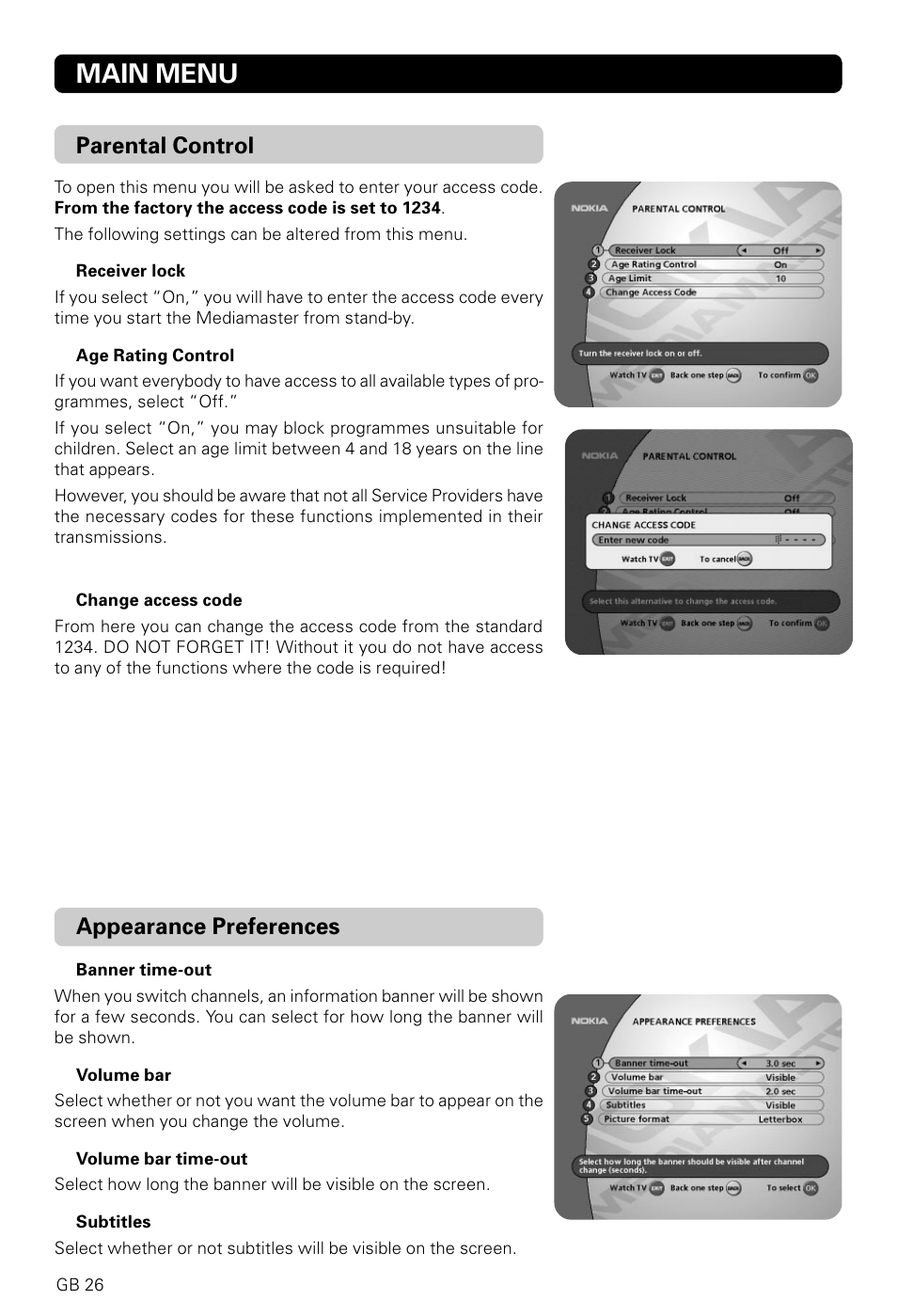 Main menu, Appearance preferences, Parental control | Nokia 9820 T User Manual | Page 25 / 33