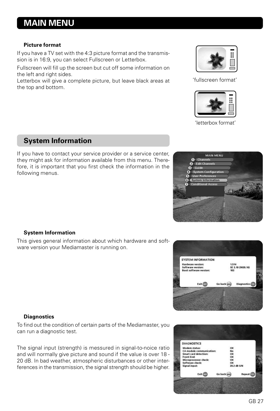 Main menu, System information | Nokia 9820 T User Manual | Page 26 / 33