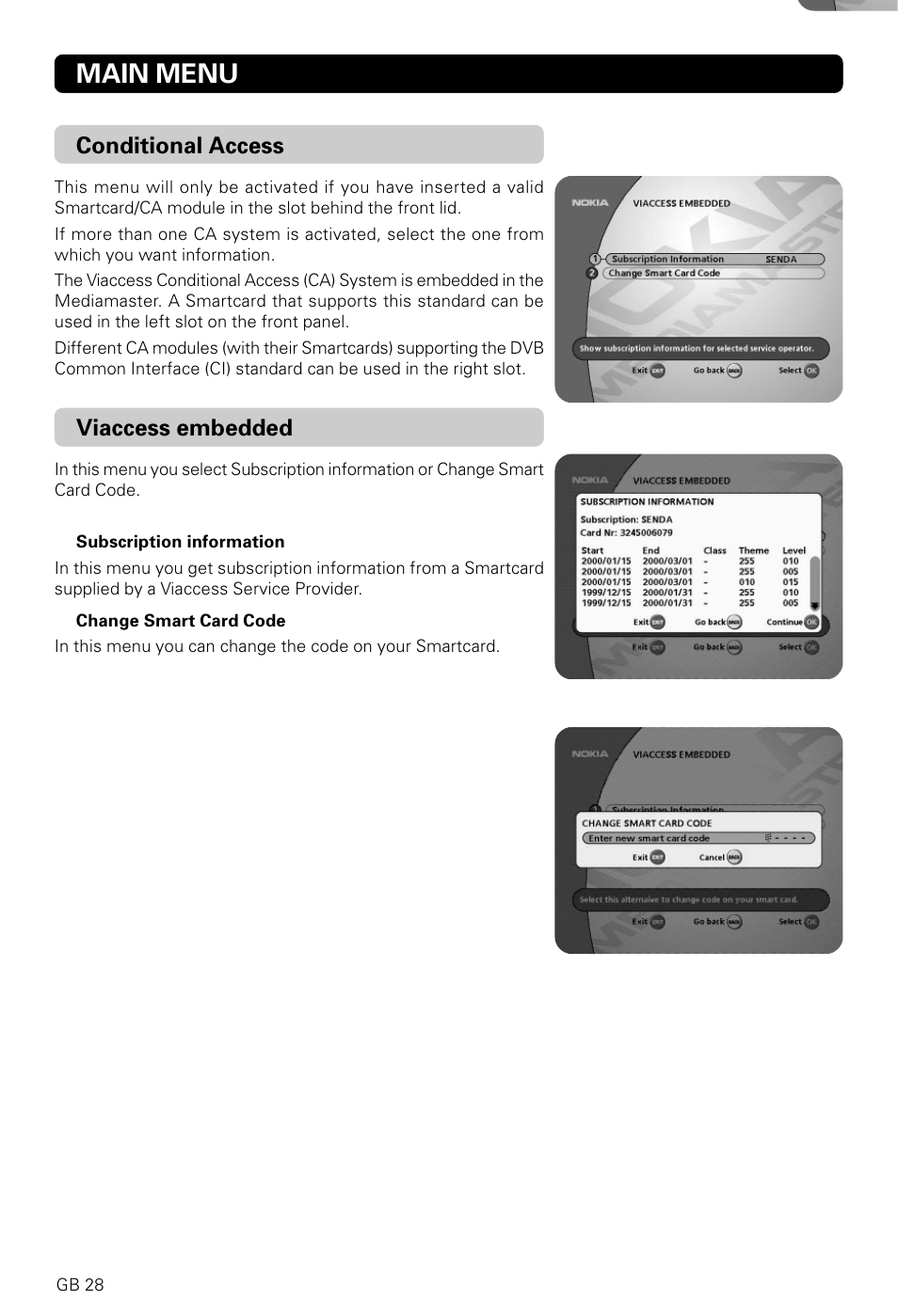 Main menu, Conditional access, Viaccess embedded | Nokia 9820 T User Manual | Page 27 / 33