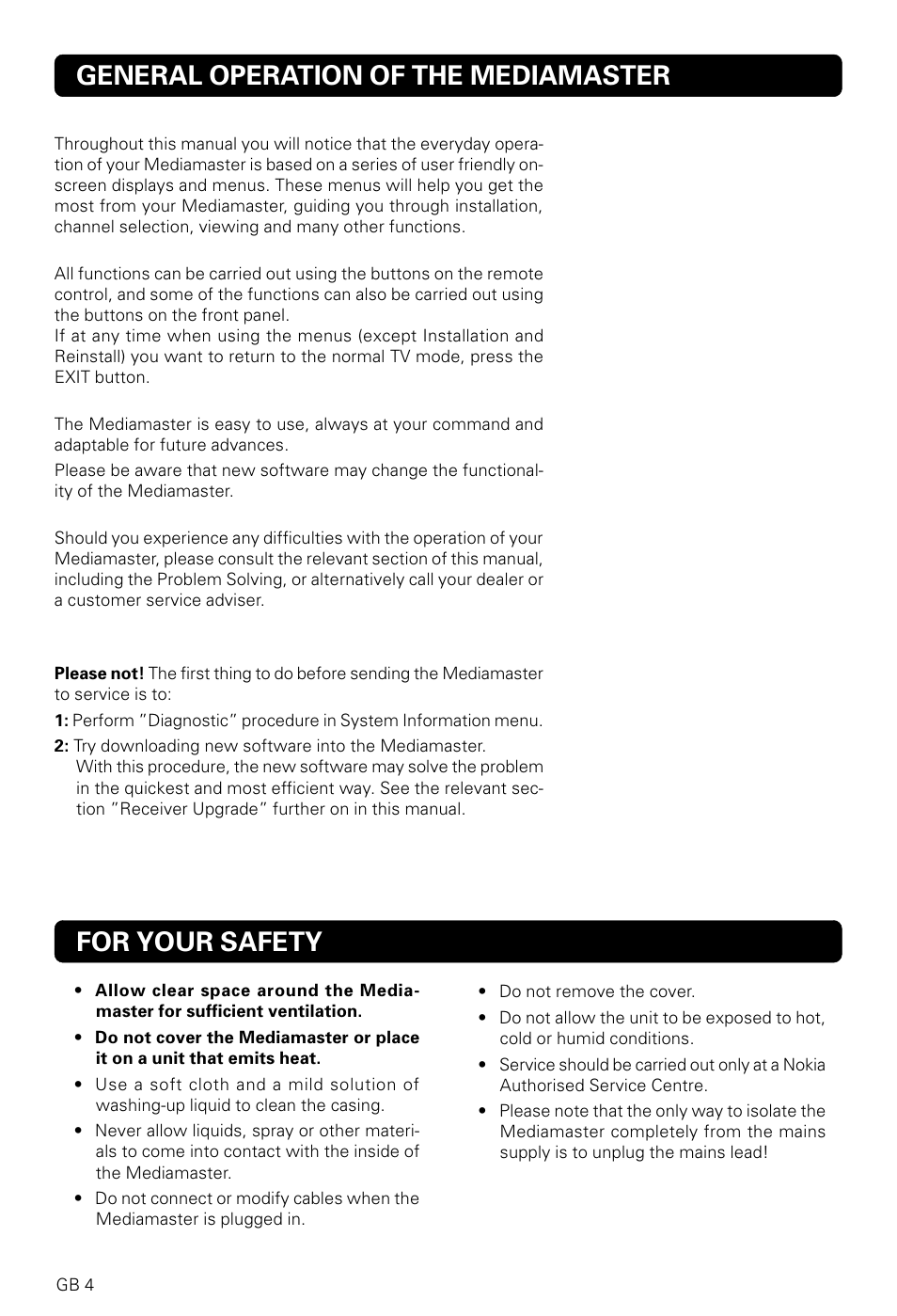 General operation of the mediamaster, For your safety | Nokia 9820 T User Manual | Page 3 / 33
