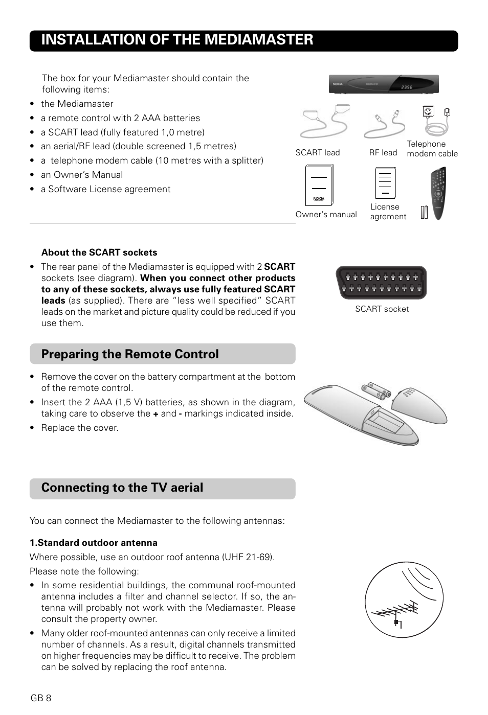Installation of the mediamaster, Preparing the remote control, Connecting to the tv aerial | Nokia 9820 T User Manual | Page 7 / 33
