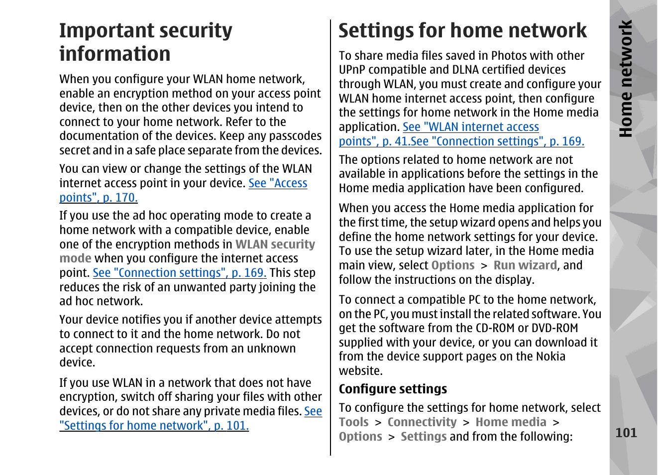 Important security information, Settings for home network, Home network | Nokia 002F4W8 User Manual | Page 101 / 195