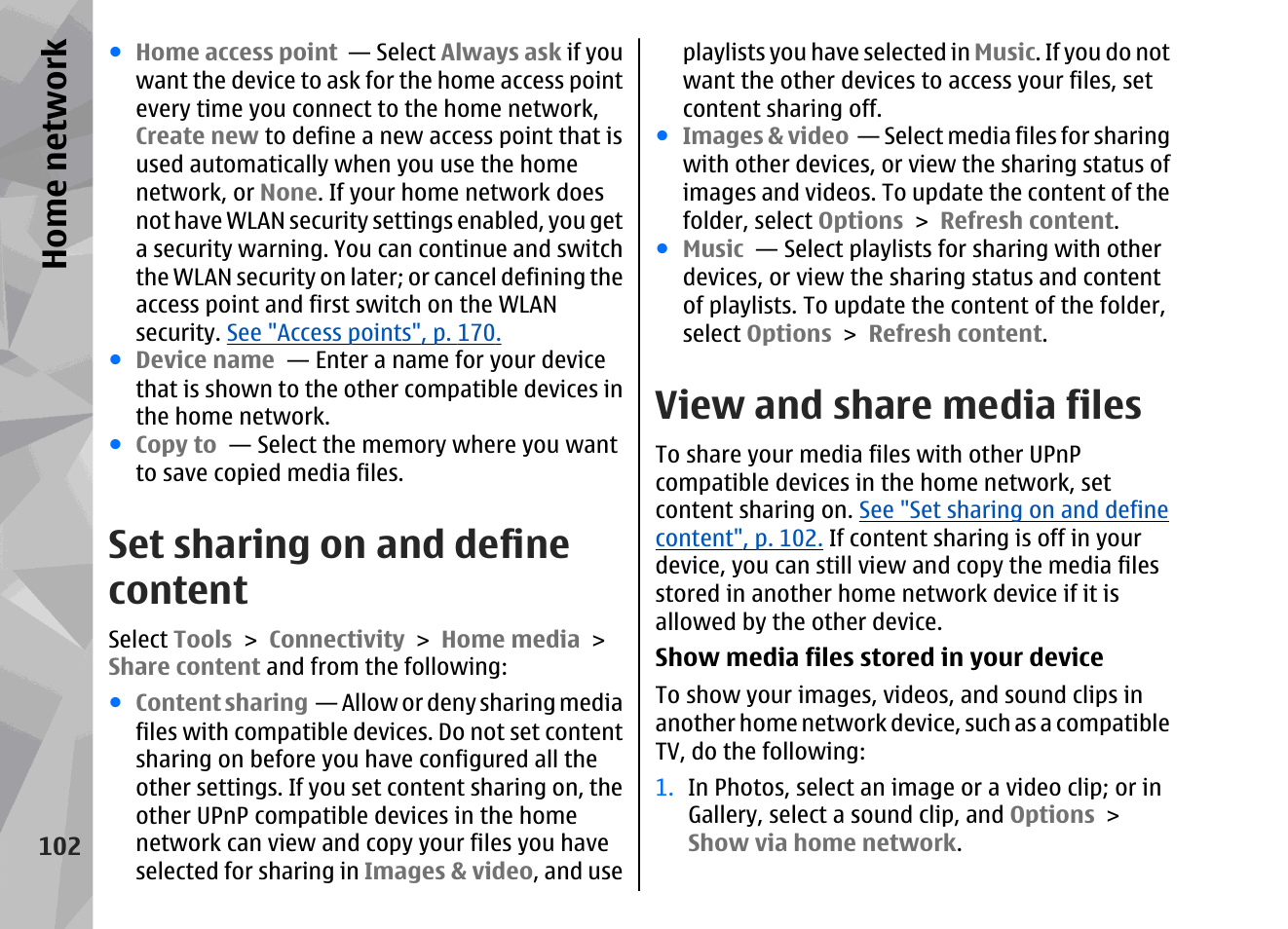 Set sharing on and define content, View and share media files, See "view and share | Media files", p. 102, Home network | Nokia 002F4W8 User Manual | Page 102 / 195