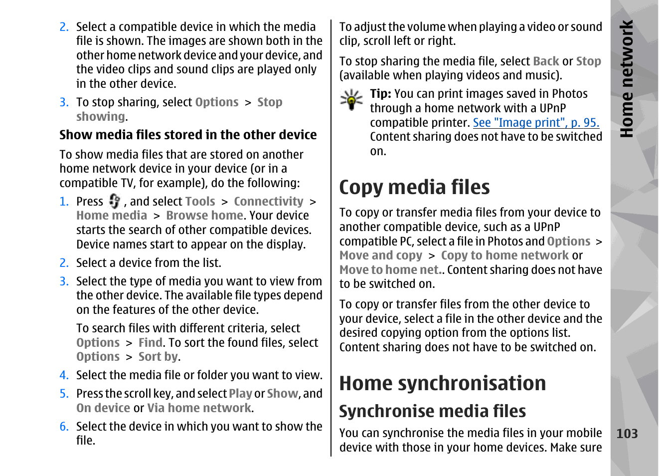 Copy media files, Home synchronisation, Synchronise media files | Home network | Nokia 002F4W8 User Manual | Page 103 / 195