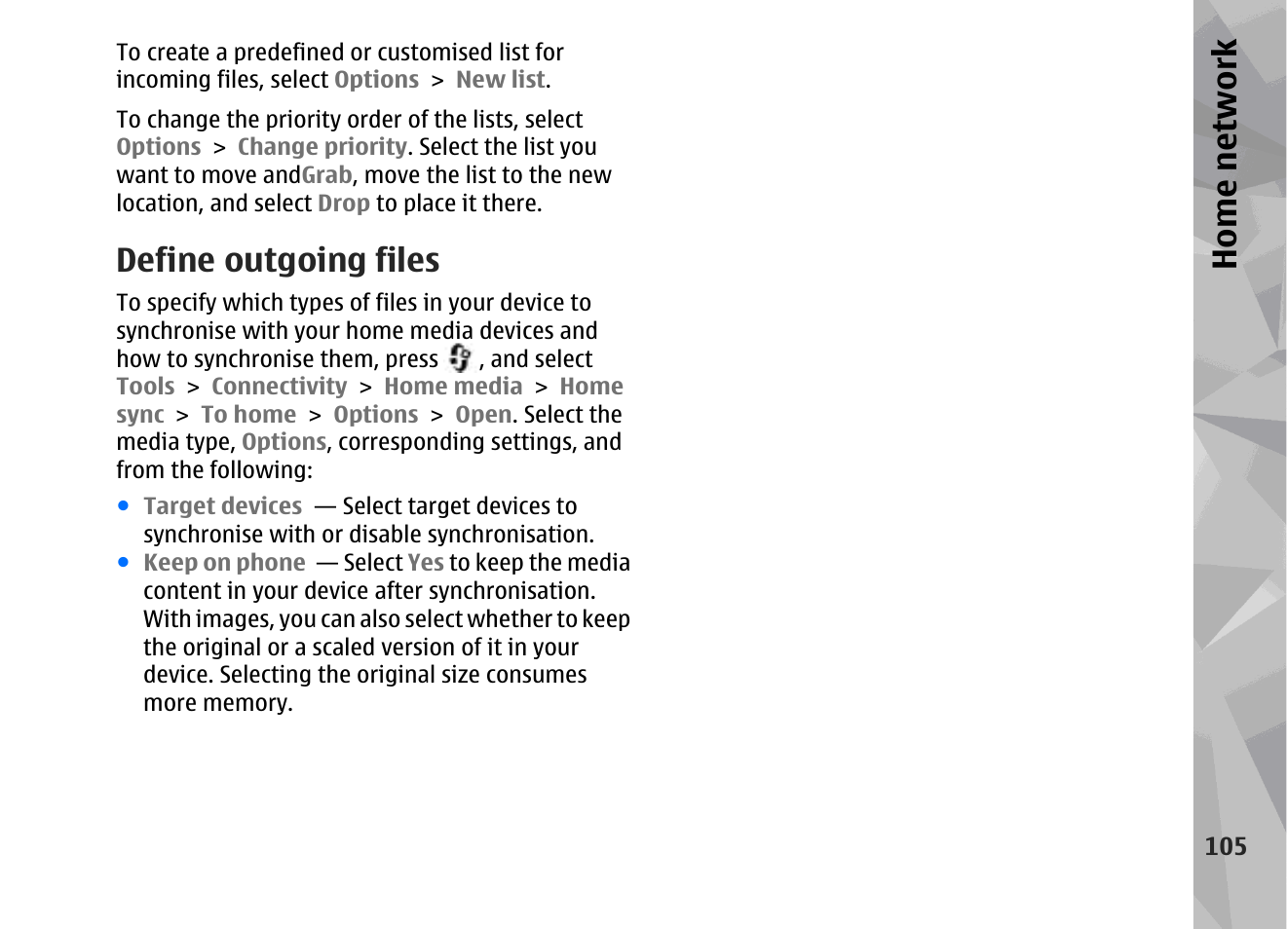 Define outgoing files, Home network | Nokia 002F4W8 User Manual | Page 105 / 195